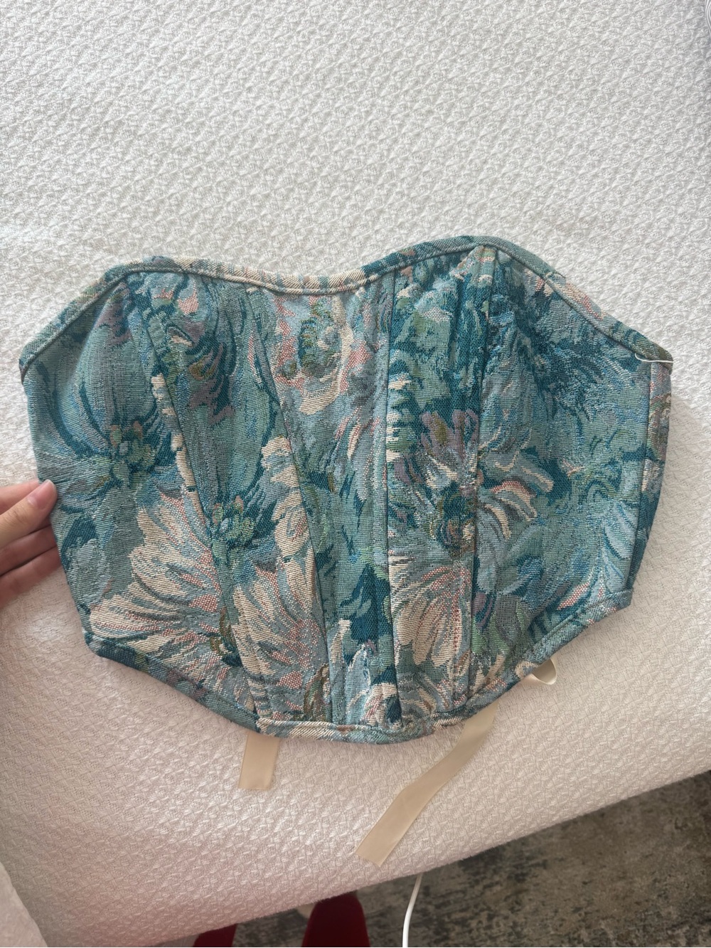 Floral Tapestry Corset Top in Teal and Cream